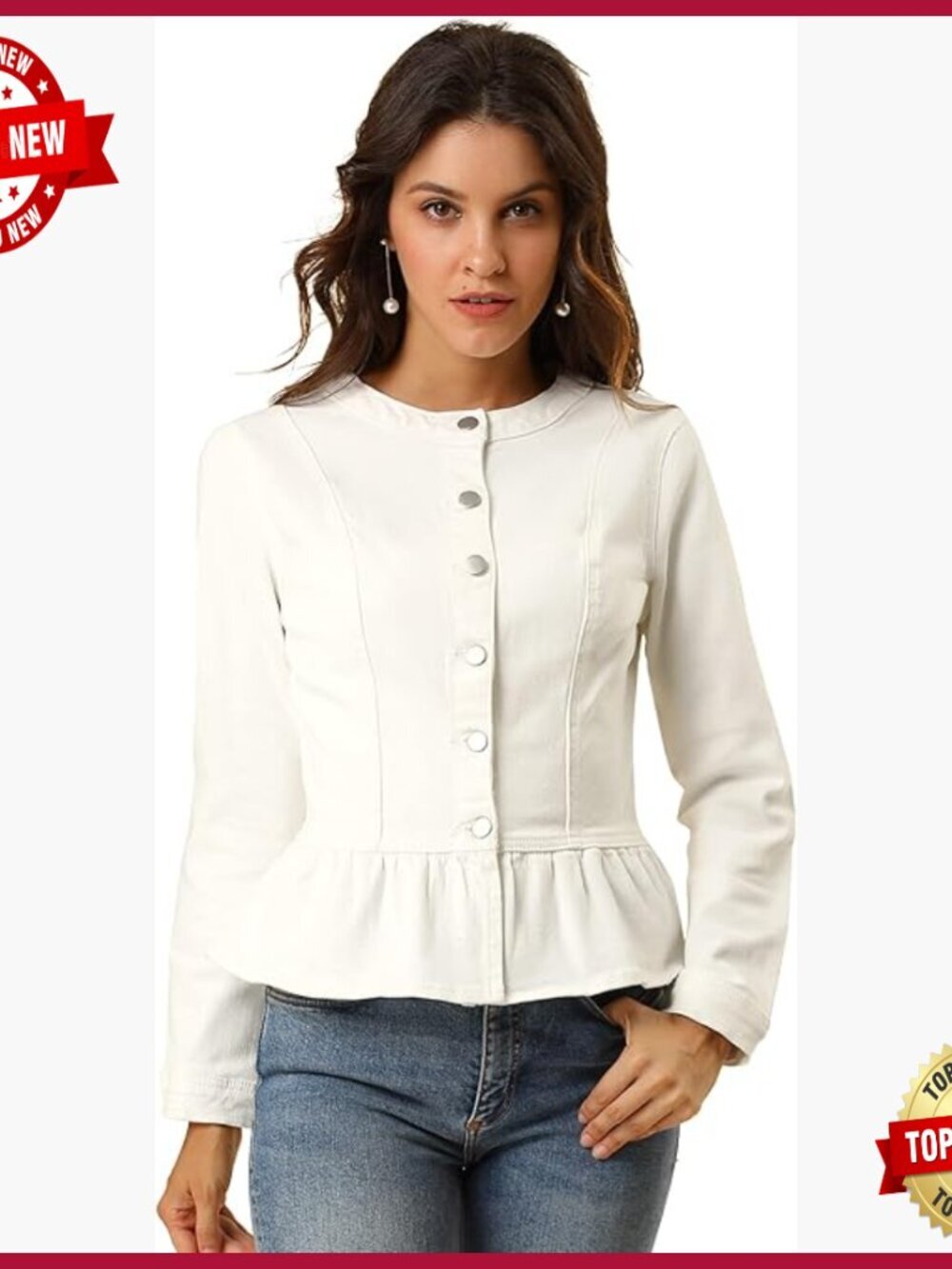 Women's Peplum Denim Jacket Collarless Cropped Ruffle Hem Button Down
